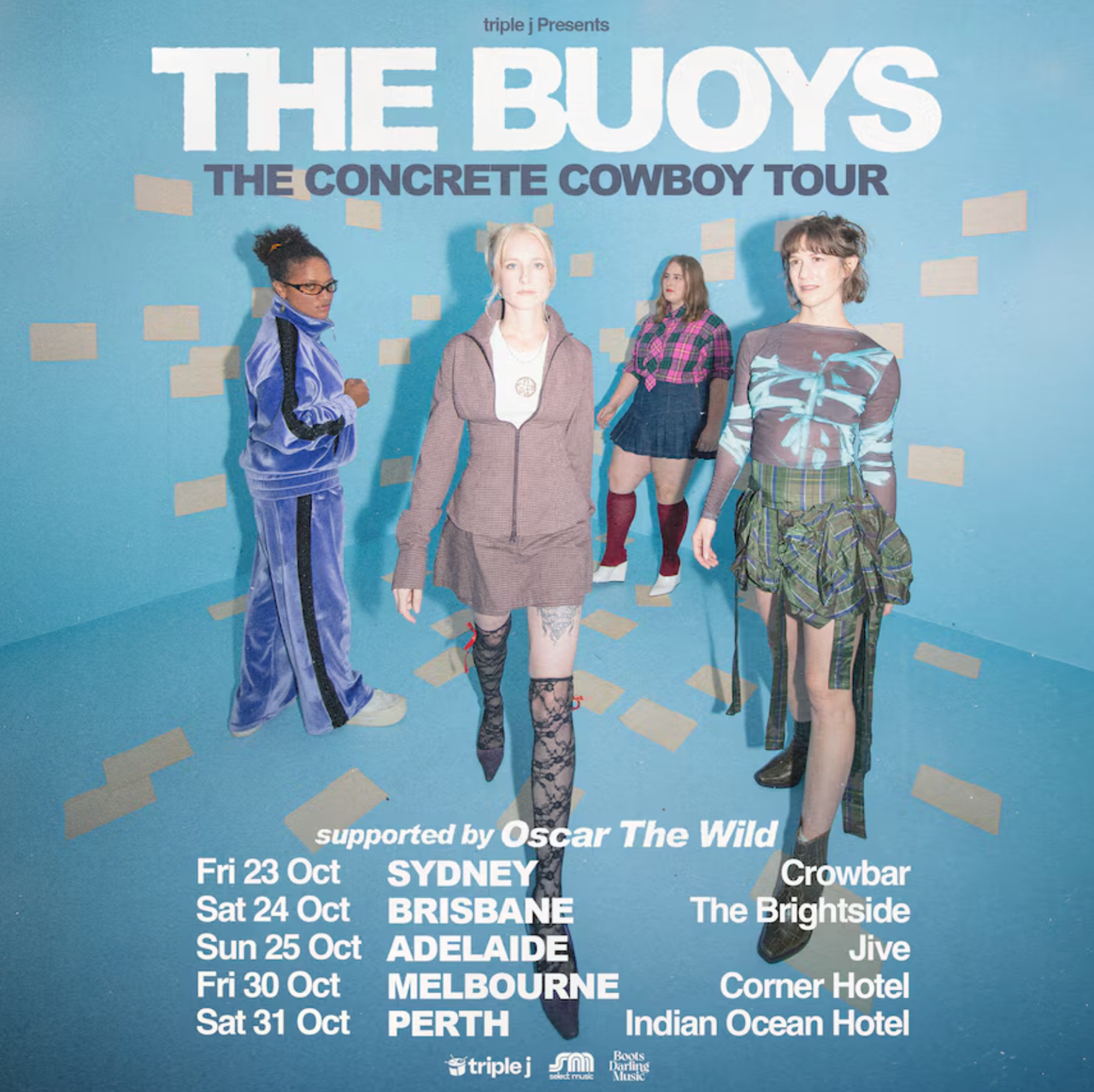 Tour poster for Australian band The Buoys, announcing The Concrete Cowboy Tour with dates in Sydney, Brisbane, Adelaide, Melbourne, and Perth.